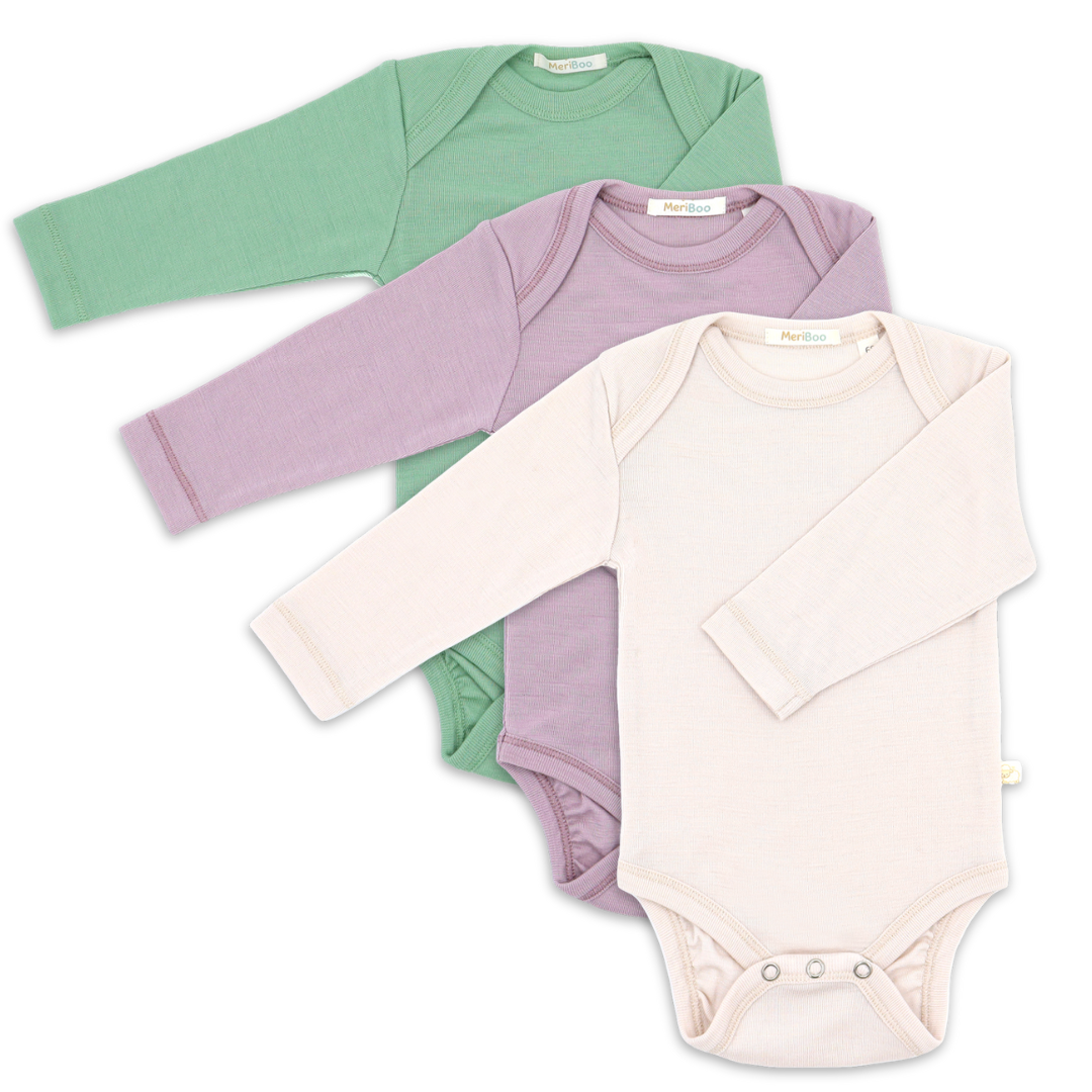 Set de 3 body-uri cu mânecă lungă și decolteu rotund, confecționate din lână merinos 100% organică