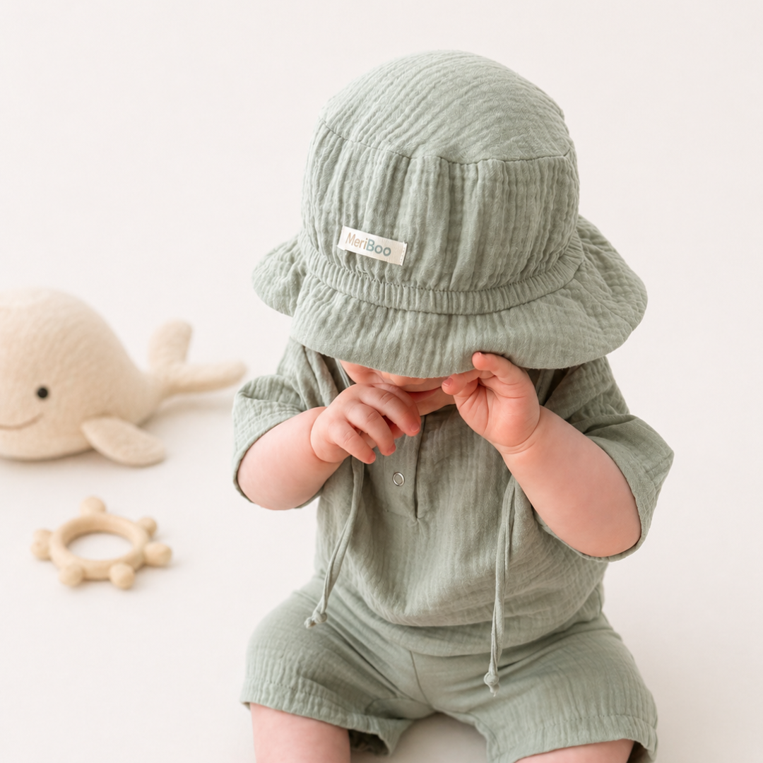 Căciulă „Soft Breeze” din 100% muselină organică cu partea din spate prelungită pentru protecția gâtului