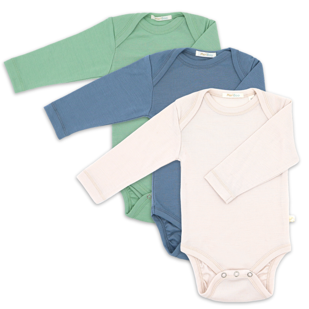 Set de 3 body-uri cu mânecă lungă și decolteu rotund din lână merinos 100% organică