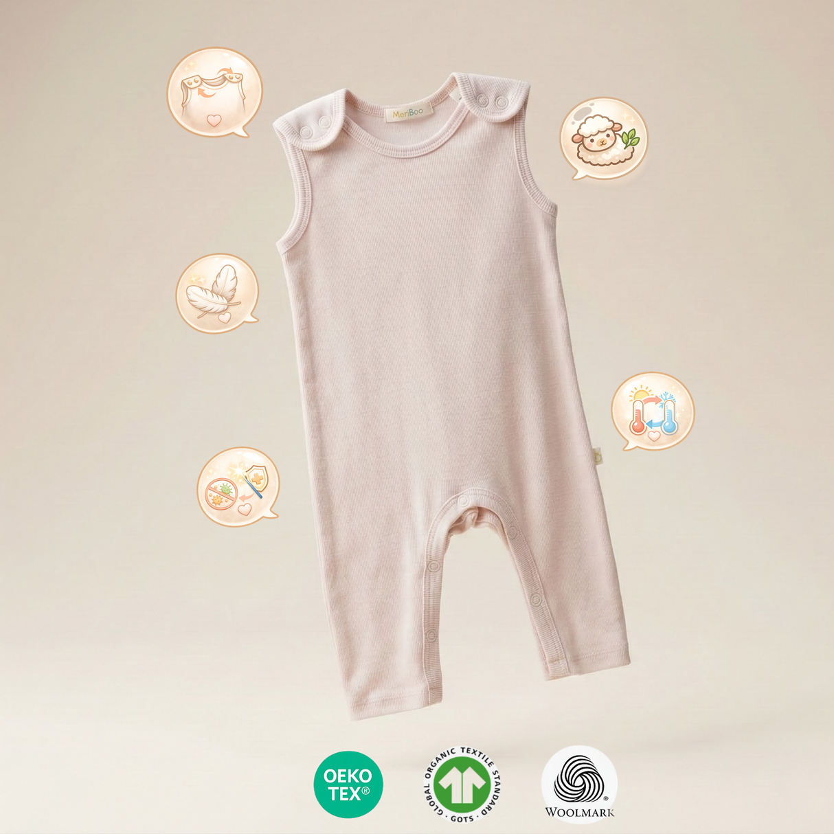 Set de 3 salopete din 100% lână merino fină organică, cu nasturi pe umeri