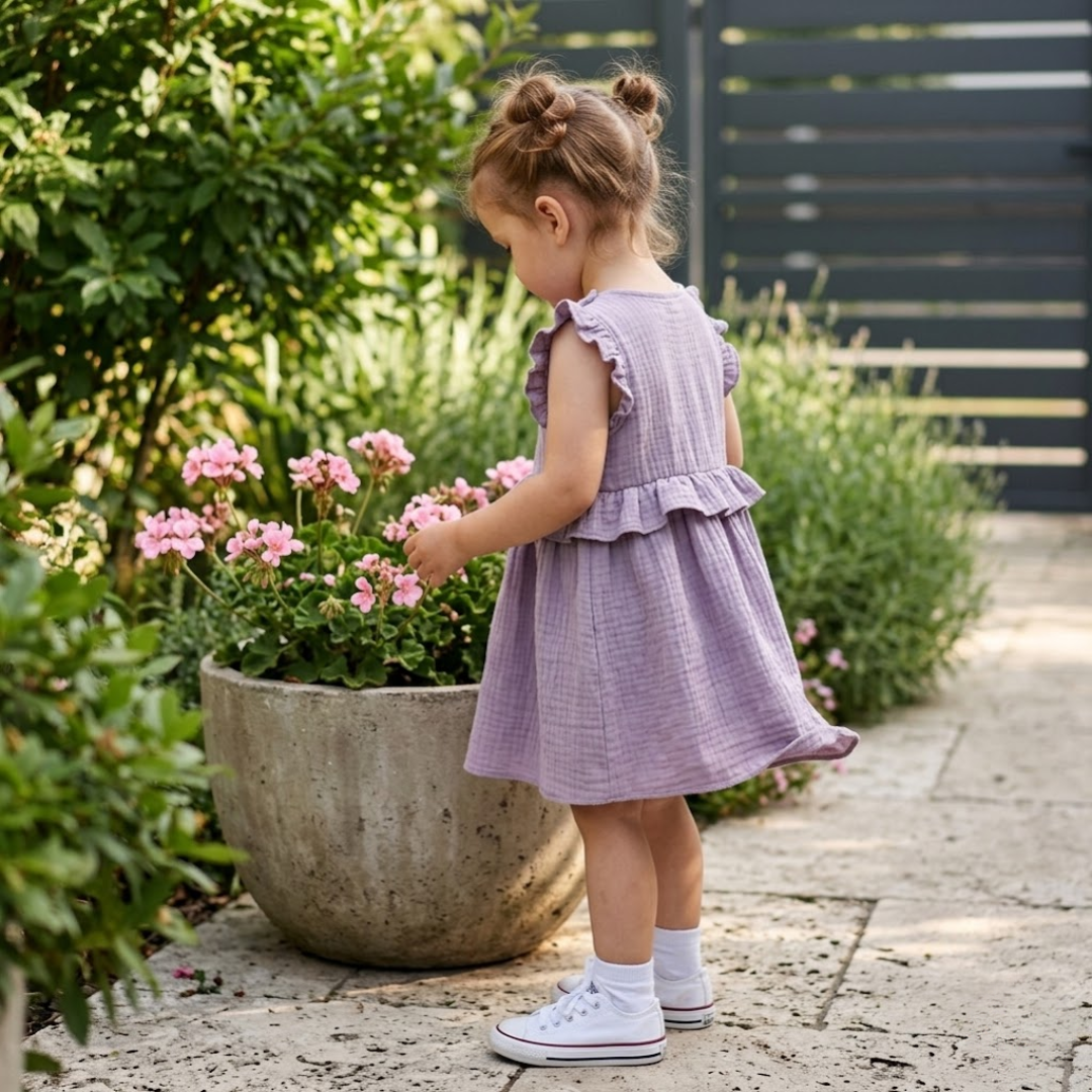 Rochie „Soft Breeze” din 100% muselină organică cu nasturi pentru îmbrăcare ușoară